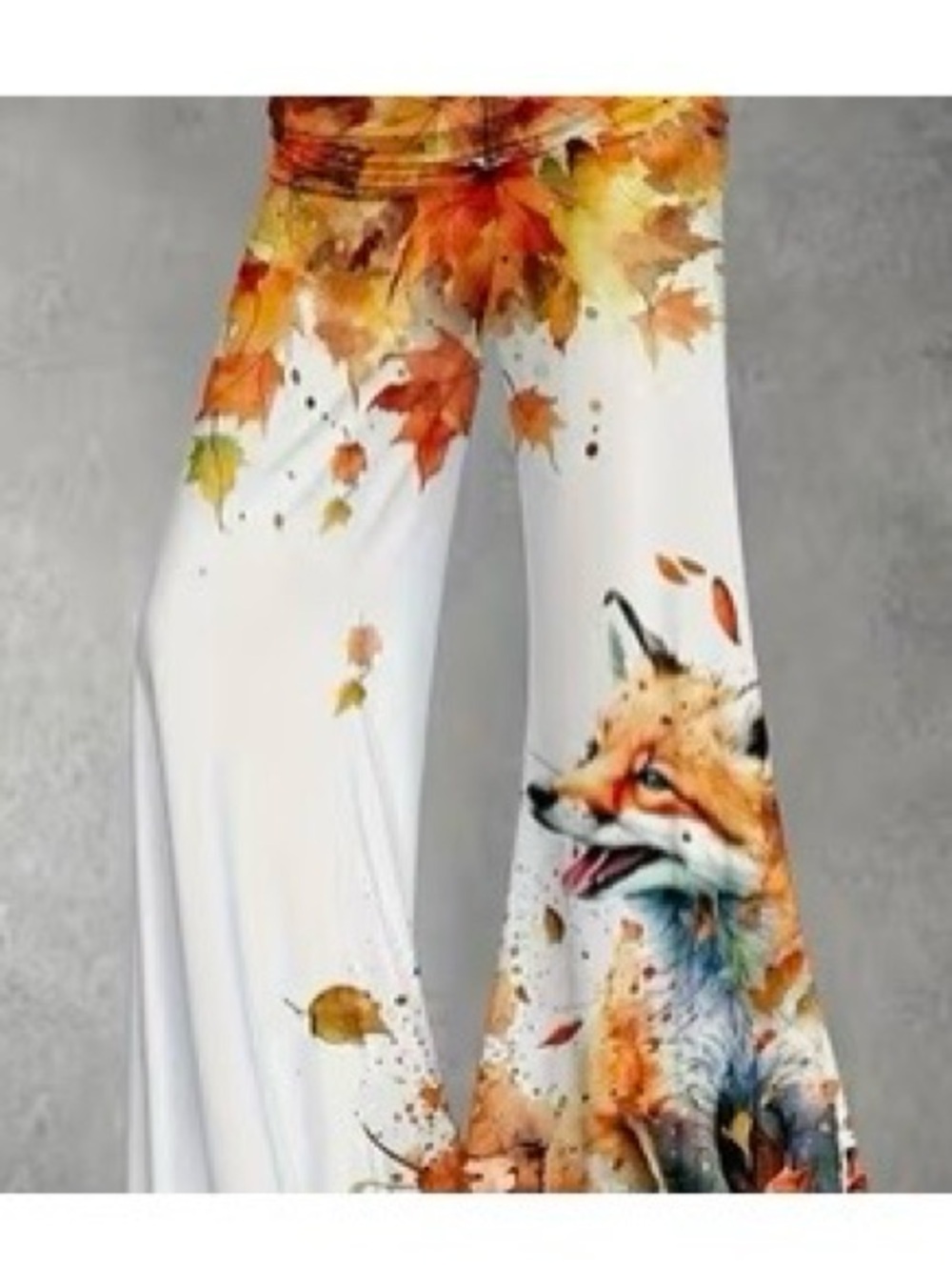 White Wide-Leg Pants with Autumn Fox Print